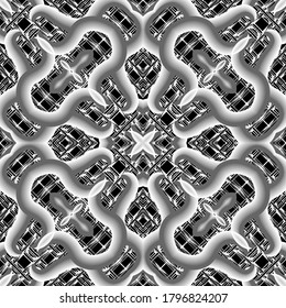 Textured 3d abstract vector seamless pattern. Grunge grid floral background. Geometric black and white backdrop. Vintage arabian style surface ornament. Ornate grunge texture. Lines symmetric design.