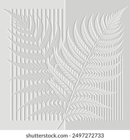 Textured 3d fern leaves tropical striped pattern. Embossed ornamental floral background. Emboss white vector backdrop. Relief ornaments with surface fern branches, leaves, stripes.  Grunge texture.