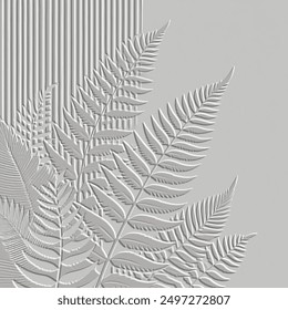 Textured 3d fern leaves tropical striped pattern. Embossed ornamental floral background. Emboss white vector backdrop. Relief ornaments with surface fern branches, leaves, stripes.  Grunge texture.