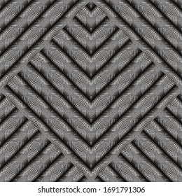 Texturierte 3D geometrische Vektorillustration nahtlose Muster. Radiale Kreise, Hintergrund. Wiederholen Sie abstrakte Hintergrundbilder. Moderne symmetrische 3D-Ornamente. Endlose silberne Textur. Wellenlinien, Zickzack, Rhombus, Kreise.