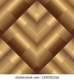 Textured 3d halftone dots vector seamless pattern. Gradient gold surface background. Dotted geometric tiled ornament. Stripes, half tone lines, dots, zigzag, shapes, rhombus. Modern endless texture