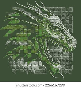 Textured 3d halftone squares dragon pattern background illustration. Embossed modern dragon head with sharp teeth and fangs. Mosaic style fantasy green dragon ornament. Grunge emboss surface texture. 