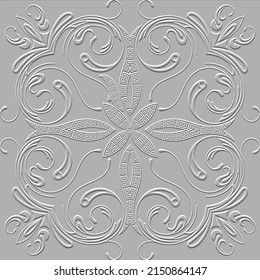 Textured 3d lines seamless pattern. Embossed ethnic greek style background with surface emboss vintage paisley flowers, swirl lines,  leaves and greek key meanders. Beautiful floral 3d ornaments.