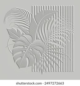 Textured 3d palm monstera leaves tropical striped pattern. Embossed ornamental floral background. Emboss white vector backdrop. Relief ornaments with surface branches, leaves, stripes.  Grunge texture