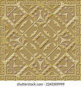 Textured 3d seamless pattern. Emboss vector ornamental background. Floral repeat surface backdrop. Embossed ornament with greek square frames, abstract flowers, shapes, circles. Endless relief texture