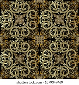 Textured 3d seamless pattern. Greek style floral vector background. Luxury vintage gold flowers, lines, leaves. Grunge twisted ropes texture. Beautiful surface ornament. For wallpapers, fabric, cards.