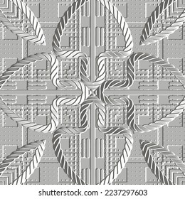 Textured 3d seamless pattern. Grunge relief vector background. Repeat abstract surfacen backdrop. Embossed floral ornament. Braided ropes, dotted lines, dots, squares, shapes, flowers. Endless texture