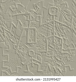 Textured 3d seamless pattern. Tribal rough embossed background. Dirty grunge backdrop. Doodle greek symbols, zigzag lines, scratches. Ancient people art style abstract ornaments with embossing effect.