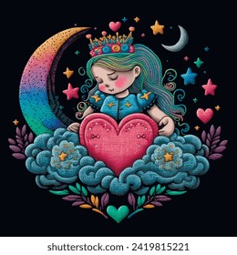 Textured 3d sleeping little princess on the clouds with love hearts. Embroidery cartoon little girl on the sky. Textuted moon, stars. Cute girl with long hair. Magic fantasy background illustration. 
