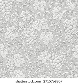 Texturiertes 3D weiß geprägtes nahtloses Muster aus Trauben und Reben. Elegante graue Relieftextur für Kellerdekor, luxuriöse Tapete und Stoff. Botanische Vektorgrafik der Oberfläche. Endlose Textur.