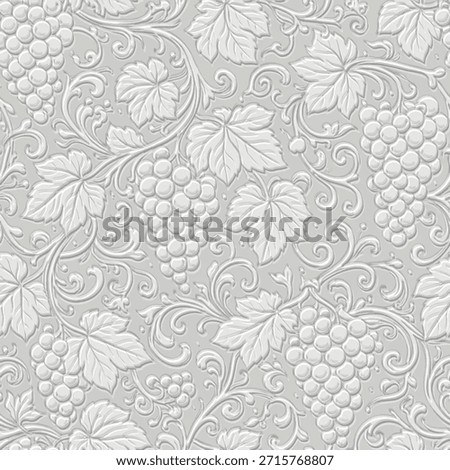 Textured 3D white embossed seamless pattern of grapes and vines. Elegant grey relief texture for winery decor, luxury wallpaper and fabric. Surface botanical vector illustration. Endless texture.