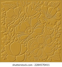 Flores silvestres en 3d texturizadas patrón sin fisuras con marco cuadrado. El fondo amarillo decorativo de estilo étnico. Líneas de relieve superficial hojas de flores dibujadas a mano. Hermoso adorno de flores. Grunge textura