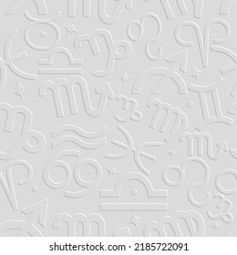 Textured 3d zodiac signs seamless pattern. White ornamental embossed zodiacal signs background. Trendy repeat surface vector backdrop. Zodiac signs ornaments. Emboss endless texture. Astrology signs.