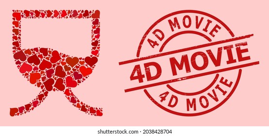 Textured 4D Movie stamp seal, and red love heart collage for liquid tank. Red round stamp seal contains 4D Movie title inside circle. Liquid tank collage is done with red valentine icons.