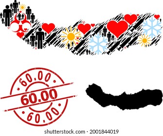 Textured 60.00 stamp, and lovely population inoculation mosaic map of Sao Miguel Island. Red round stamp has 60.00 tag inside circle. Map of Sao Miguel Island mosaic is designed with winter, weather,