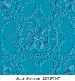 Textured abstract 3d seamless pattern. Embossed modern vector blue background. Creative surface fractals ornament with geometric shapes, lines, curves. Emboss design. Repeat relief backdrop. Texture.