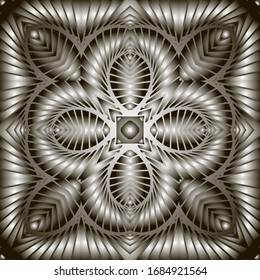 Textured abstract 3d vector seamless pattern. Surface ornamental floral background. Repeat geometric backdrop. Modern symmetrical ornament. Fractals, geometrical shapes, flowers, lines, shadow, frames