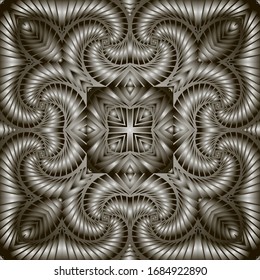 Textured abstract 3d vector seamless pattern. Surface ornamental floral background. Repeat geometric backdrop. Modern symmetrical ornament. Fractals, geometrical shapes, flowers, lines, shadow, frames