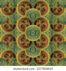 Textured abstract background in green, brown combined with gold circle circles