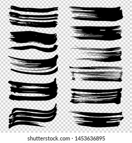 Textured abstract big black ink brushstrokes set isolated on imitation transparent background