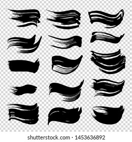 Textured abstract black ink brushstrokes set isolated on imitation transparent background
