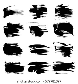 Textured abstract black strokes set isolated on a white background