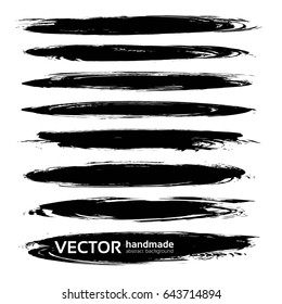 Textured abstract black thick long smears vector objects isolated on a white background
