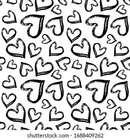 Textured abstract black and white heart seamless pattern. Romantic monochrome girlish design for wrapping paper, textile design, backgrounds and backdrops.