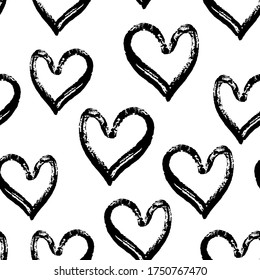 Textured abstract black and white heart seamless pattern. Romantic monochrome girlish design for wrapping paper, textile design, backgrounds and backdrops.
