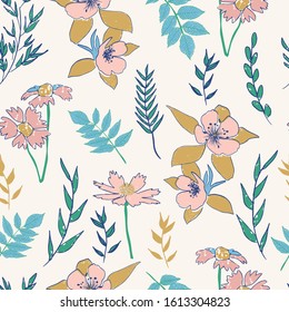 textured abstract botanical florals seamless vector pattern. vintage inspired