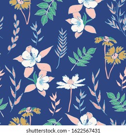 textured abstract botanical florals seamless vector pattern. vintage inspired