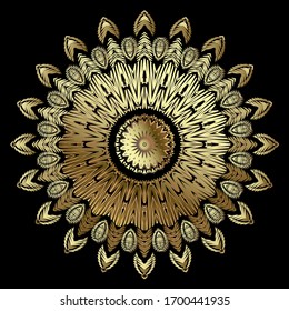 Texturierte abstrakte Gold Mandala Muster. Tapisserie auf floralem Hintergrund. Ethnische Stickereien rund um Ornamente. Bestickte goldene Vintage Blumen, Blätter. Grunge Textur. Ornate luxuriöses Lackdesign.