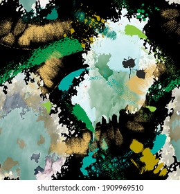 Textured abstract grunge seamless pattern. Modern colorful dirty background. Repeat trendy vector backdrop. Hand drawn grungy shapes, watercolor splashes, brush, lines. Rough texture. Abstraction. 