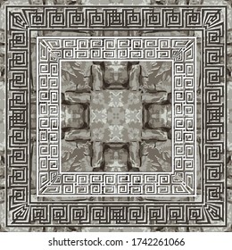 Textured abstract grunge vector seamless pattern. Greek square frames background. Repeat rough stone style backdrop. Mazes ornaments. Geometric design. Greek key meanders. Dirty endless texture.