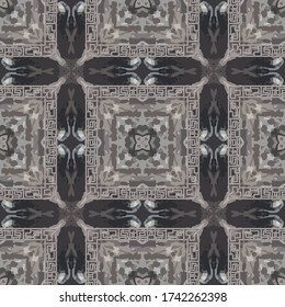 Patrón transparente de grunge abstracto texturizado. Fondo de marcos cuadrados griegos. Repetir el fondo del tartán áspero. Ornamentos modernos. Diseño de yeso geométrico. Crujías de claves griegas. Textura sucia y sin fin.