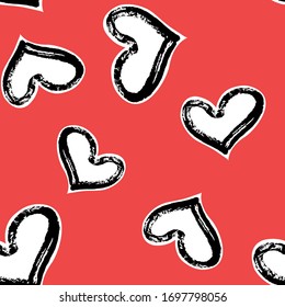 Textured abstract heart seamless pattern with red background. Romantic girlish design for wrapping paper, textile design, backgrounds and backdrops.