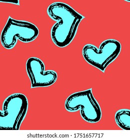 Textured abstract heart seamless pattern with red background. Romantic girlish design for wrapping paper, textile design, backgrounds and backdrops.