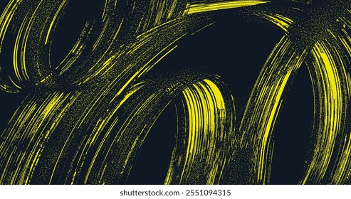 Textured abstract paint. Curved grainy yellow brush stroke. Vector dirty art with spray texture. Splash graffiti. Swirl or squiggle shaped bold brush stroke. Paint background textures. Pale swirl.