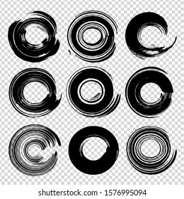 Textured abstract round black brushstrokes isolated on imitation transparent background
