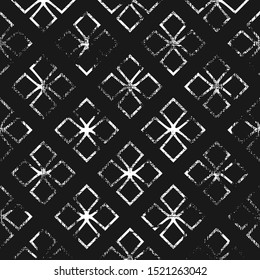Textured antique pattern with geometric crosses. Square black and white background.
