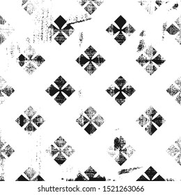 Textured antique pattern with geometric crosses. Square black and white background.