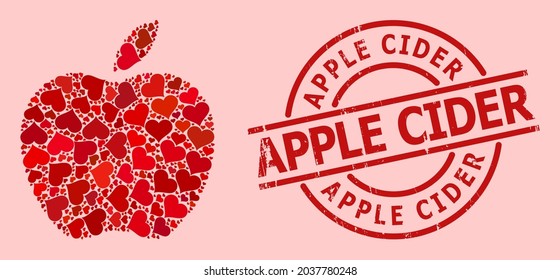 Textured Apple Cider stamp, and red love heart mosaic for apple. Red round stamp includes Apple Cider caption inside circle. Apple mosaic is organized of red valentine items.