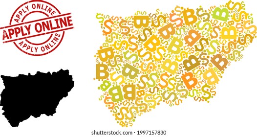 Textured Apply Online stamp seal, and currency mosaic map of Jaen Spanish Province. Red round stamp seal includes Apply Online title inside circle.