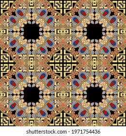 Textured arabesque seamless pattern. Tribal ethnic style ornamental background. Vector gold strings and ropes ornaments. Floral design with flowers, leaves. greek key, meanders, mazes, frames.