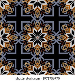 Textured arabesque seamless pattern. Vintage ornamental ropes background. Vector gold strings and ropes arabic ornaments. Floral arabian style design with flowers, ropes, strings. Repeat backdrop.