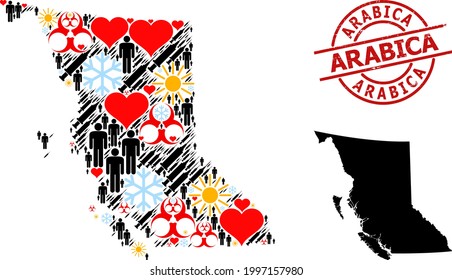 Textured Arabica stamp seal, and sunny demographics inoculation mosaic map of British Columbia Province. Red round stamp seal includes Arabica tag inside circle.