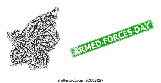 Textured Armed Forces Day stamp seal, and San Marino map collage of kalashnikov gun icons. Green rectangle seal contains Armed Forces Day caption inside rectangle.