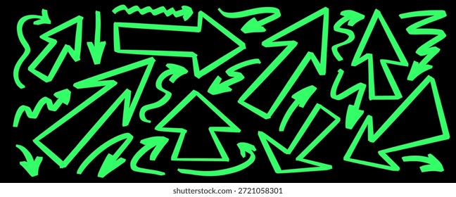 Uma seta texturizada definida com traçados de marcador e brilho de realce suave. Cada seta é construída sobre o trabalho de linha expressivo e toques de destaque nítidos ao longo de cada linha.