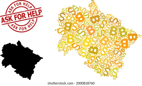 Texto Pedir sello de ayuda y mapa de collage de divisas del estado de Uttarakhand. El sello rojo redondo contiene el texto Pedir ayuda dentro del círculo. Mapa del collage del estado de Uttarakhand se hace de carácter financiero,