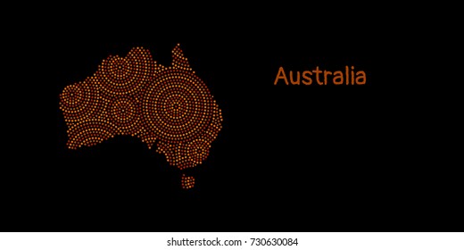 Textured Australia continent in red aboriginal dot art ornament, vector